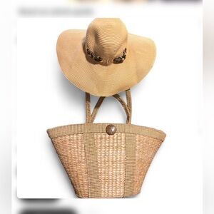 Adrienne Vittadini Straw Sun Hat and Woven Tote - Tan